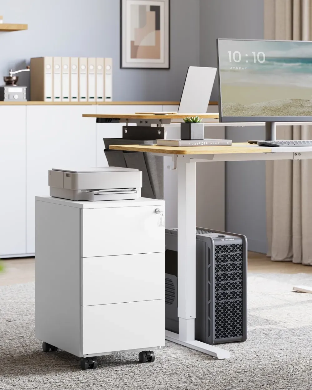 Illustration numéro 2 du produit Caisson de bureau casier sur roulettes verrouillable 3 tiroirs blanc