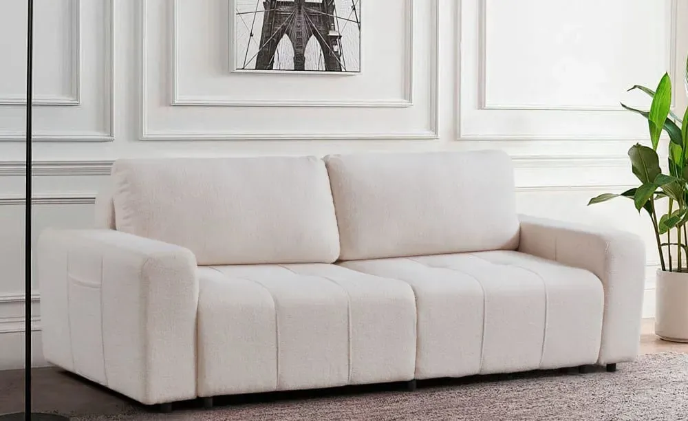 Illustration numéro 2 du produit Canapé convertible 3 places tissu bouclette crème