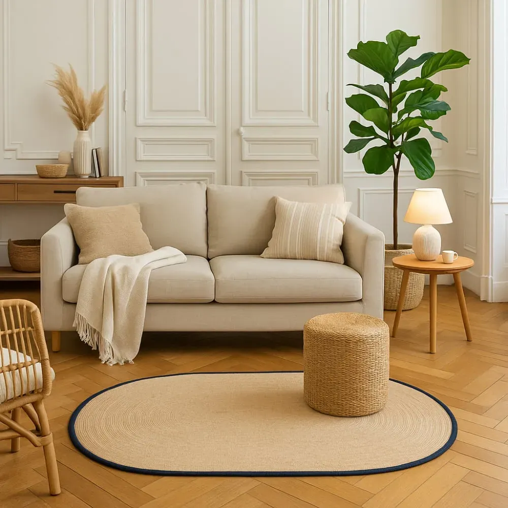 Illustration numéro 2 du produit Tapis ovale en jute naturelle tissé noir 150 x 90 cm