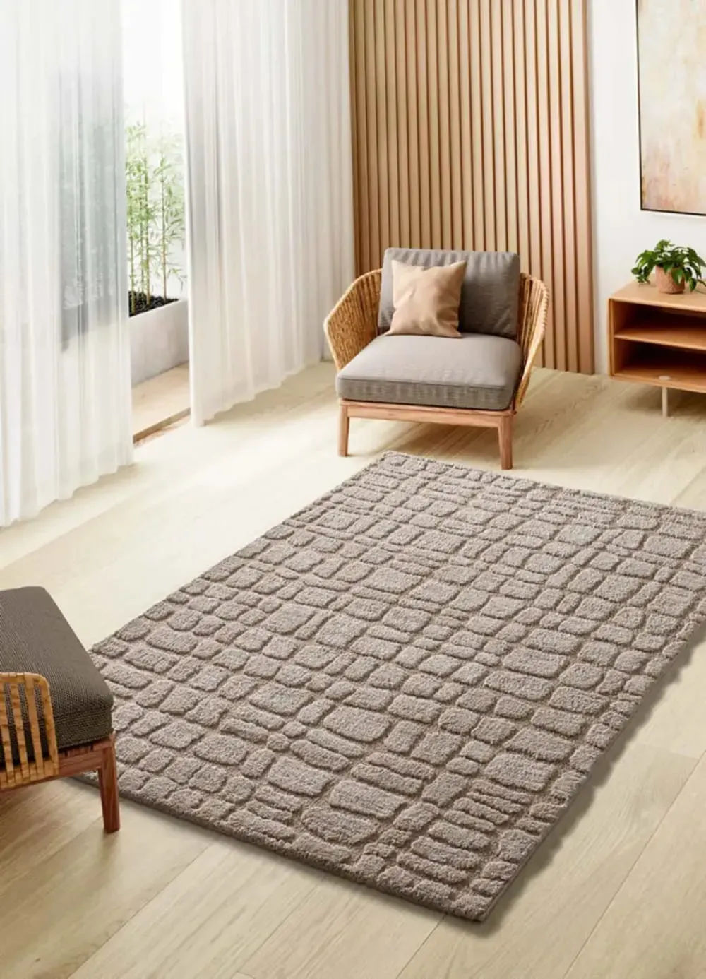 Illustration numéro 2 du produit Tapis à relief scandinave taupe 126x190 cm
