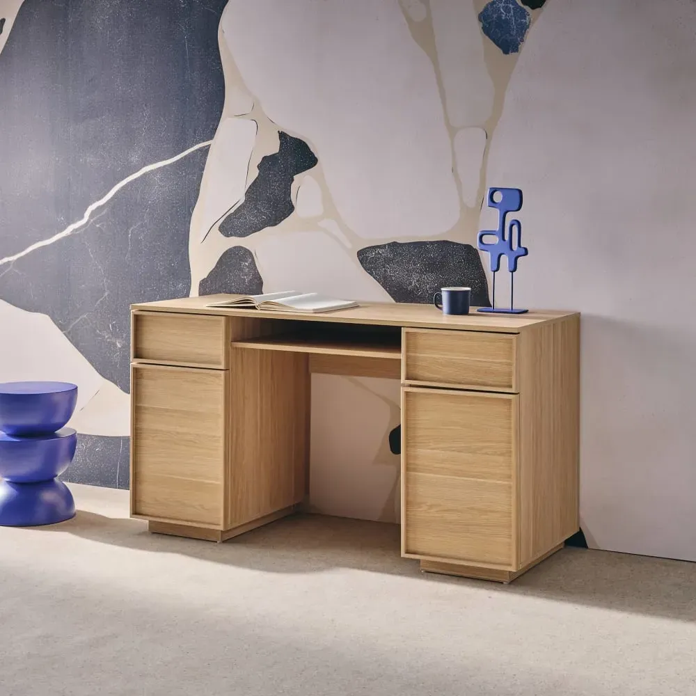 Illustration numéro 2 du produit Bureau effet bois naturel 2 portes 2 tiroirs 1 niche 140cm