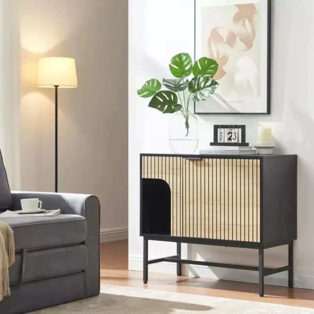 Illustration numéro 2 du produit Commode 1 porte style industriel chêne métal noir 75x40x80cm