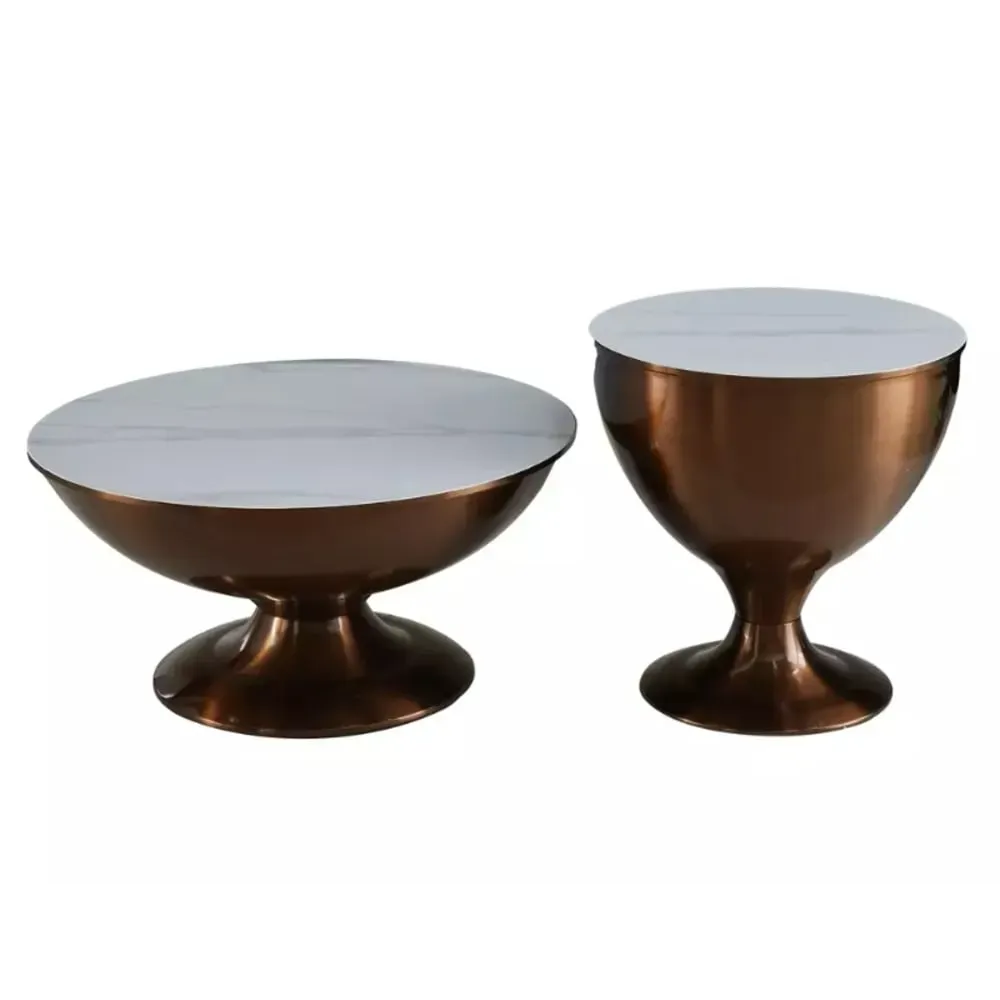 Illustration numéro 2 du produit Ensemble 2 tables d'appoint métal marbre blanc 75x75x38cm