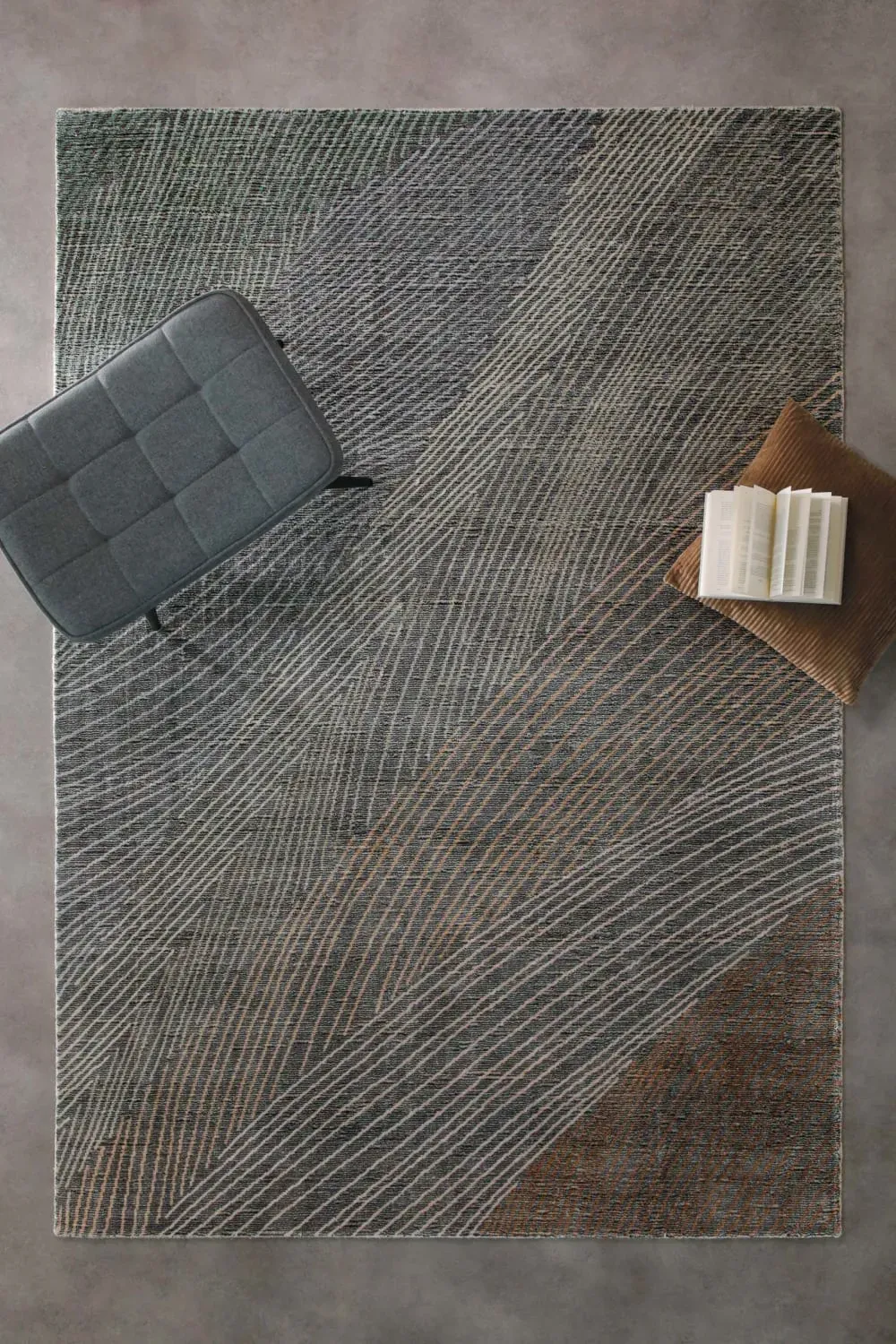 Illustration numéro 2 du produit Tapis laine et viscose fait main gris,brun, inspiration nature 70x140