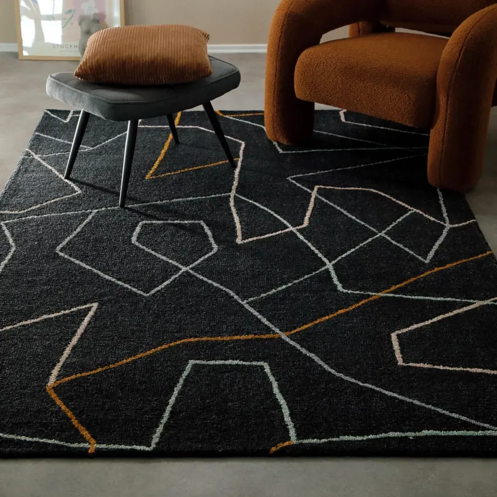 Illustration numéro 2 du produit Tapis fait main pure laine vierge et viscose design anthracite 70x140