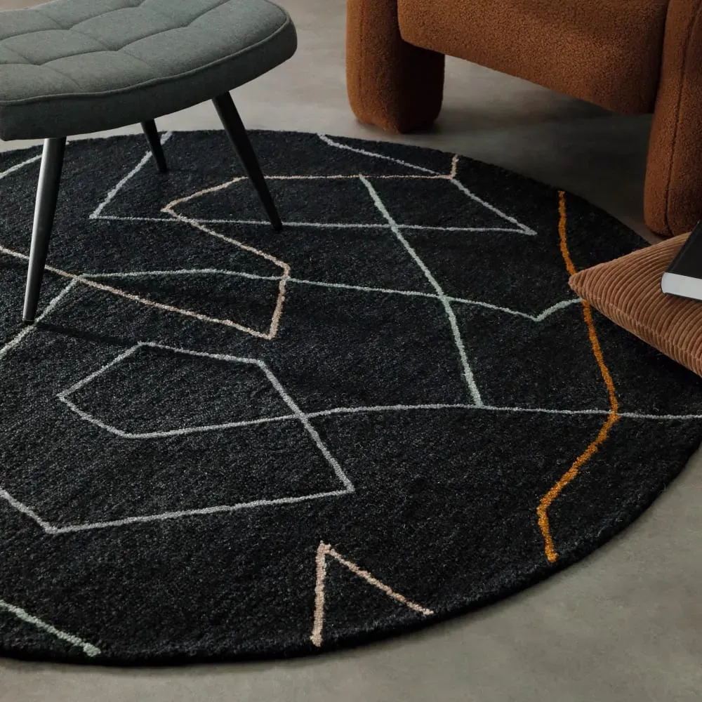 Illustration numéro 2 du produit Tapis rond fait main pure laine vierge/viscose, design anthracite ⌀120