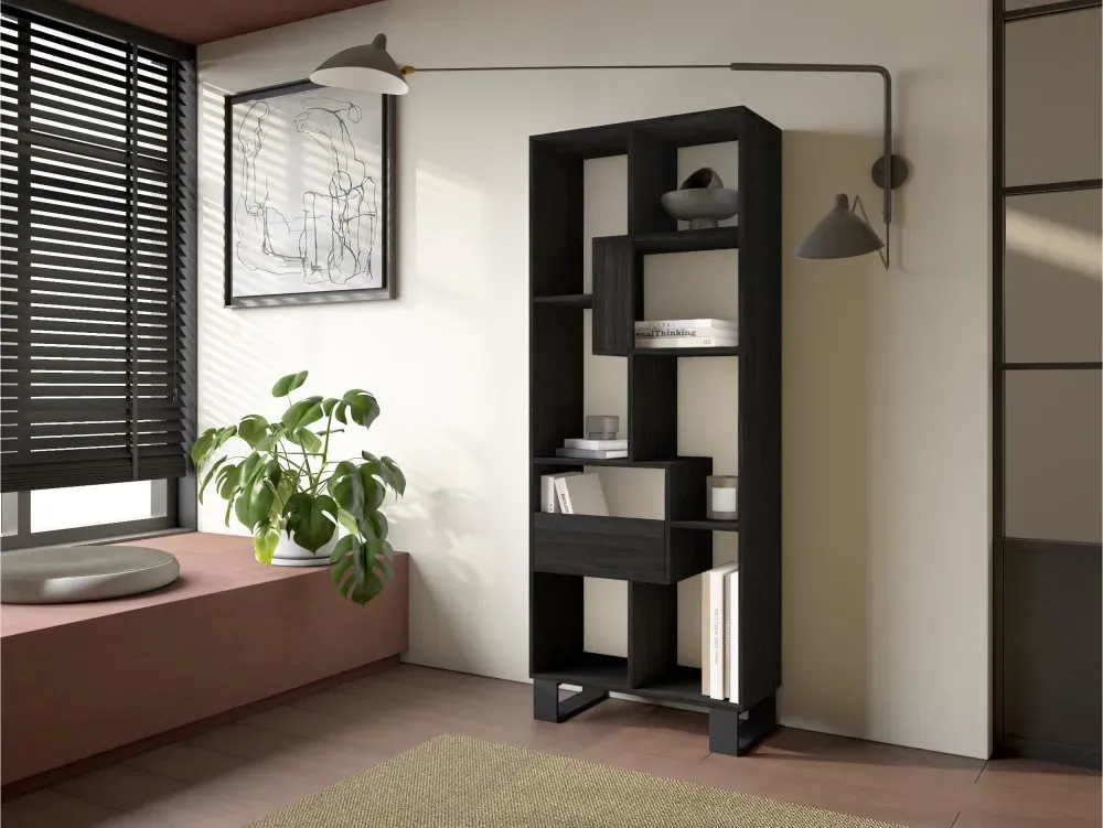 Illustration numéro 2 du produit Bibliothèque effet bois noir 67x31x174cm avec pieds