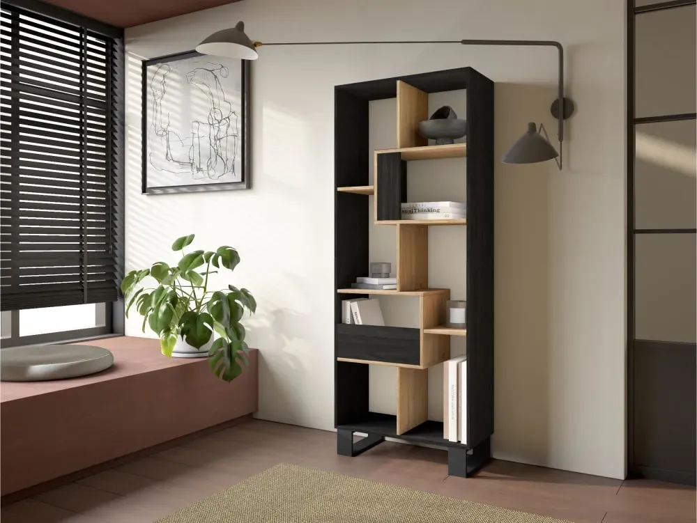 Illustration numéro 2 du produit Bibliothèque effet bois noir et chêne 67x31x174cm avec pieds