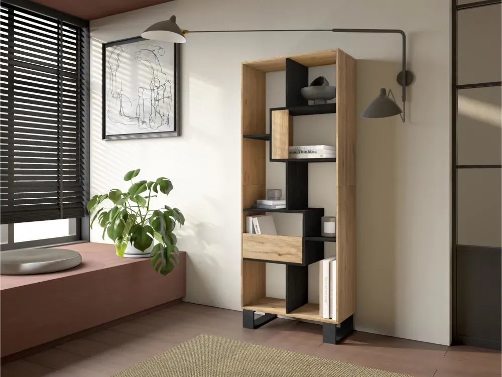 Illustration numéro 2 du produit Bibliothèque effet bois de chêne et noir 67x31x174cm avec pieds