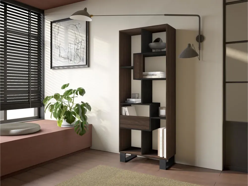 Illustration numéro 2 du produit Bibliothèque effet bois de chêne foncé et noir 67x31x174cm avec pieds