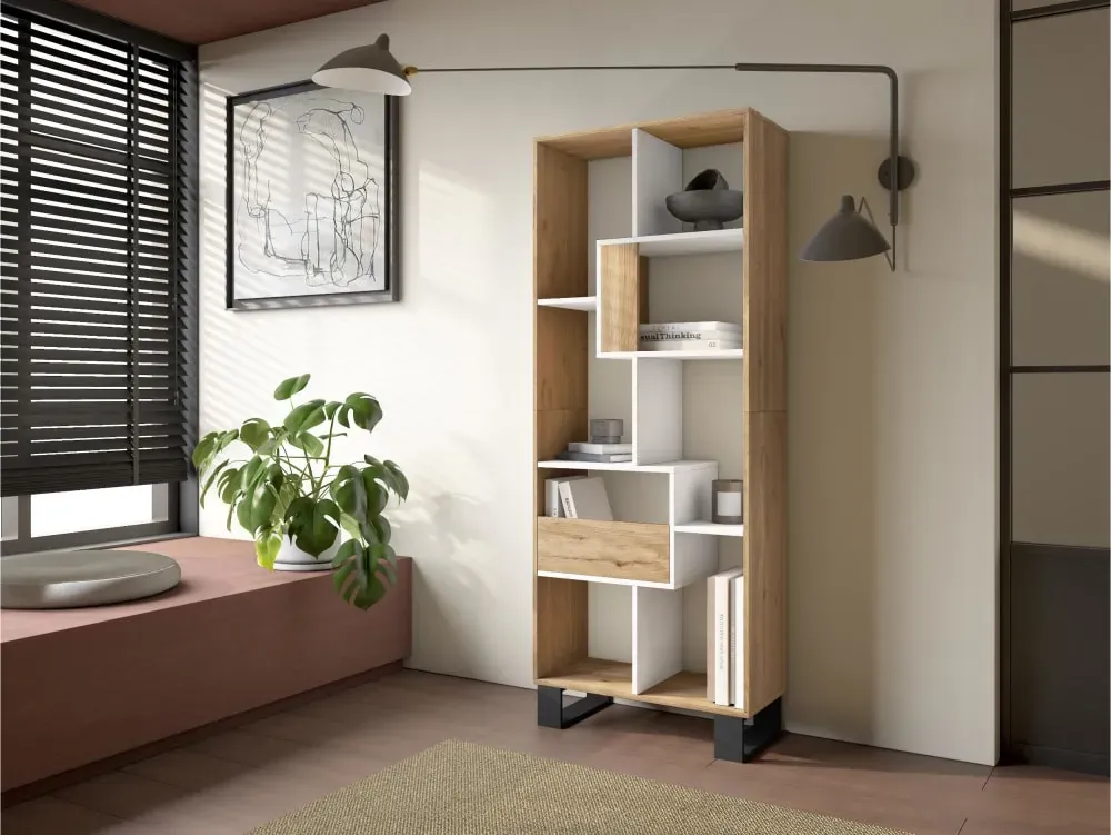 Illustration numéro 2 du produit Bibliothèque effet bois de chêne et blanc 67x31x174cm avec pieds