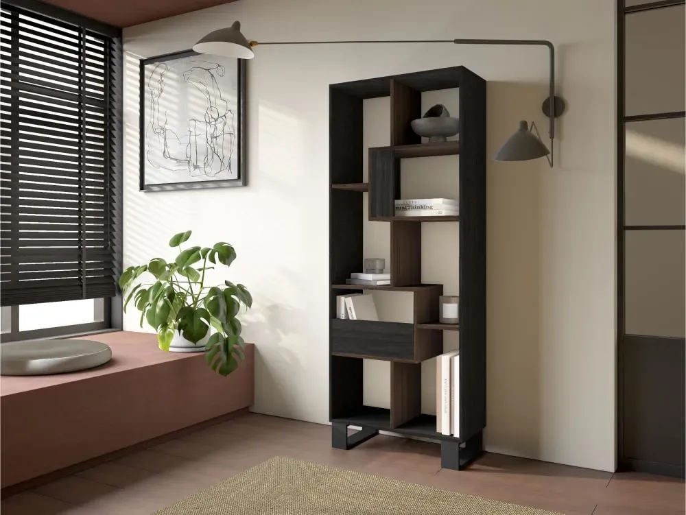 Illustration numéro 2 du produit Bibliothèque effet noir et bois de chêne foncé 67x31x174cm avec pieds