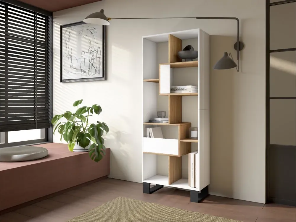 Illustration numéro 2 du produit Bibliothèque effet bois blanc et chêne 67x31x174cm avec pieds