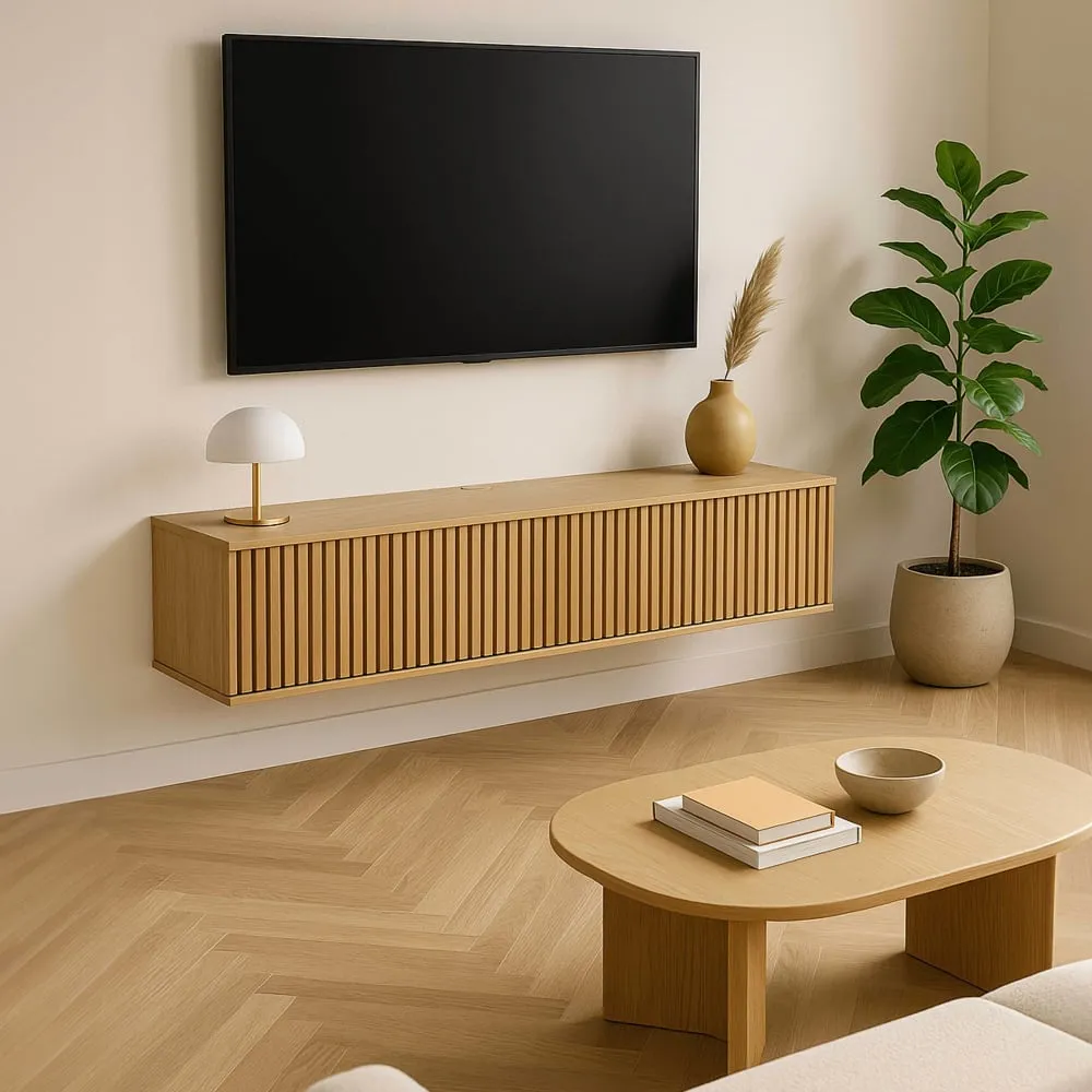 Illustration numéro 2 du produit Meuble TV suspendu 120 cm scandinave bois clair