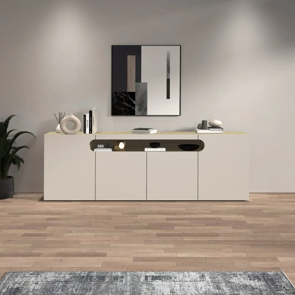 Illustration numéro 2 du produit Buffet 4 portes 1 niche 200 cm effet bois cachemire et chêne clair