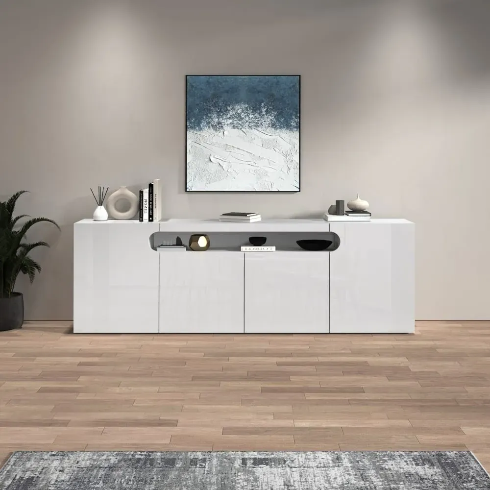 Illustration numéro 2 du produit Buffet 4 portes 1 niche 200 cm effet bois blanc brillant