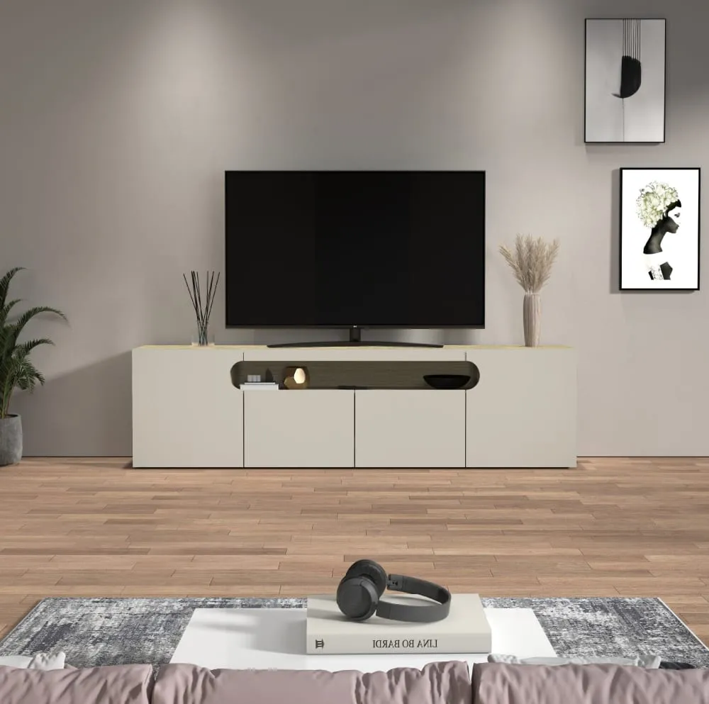 Illustration numéro 2 du produit Meuble tv 4 portes 1 niche 200 cm effet bois cachemire et chêne clair