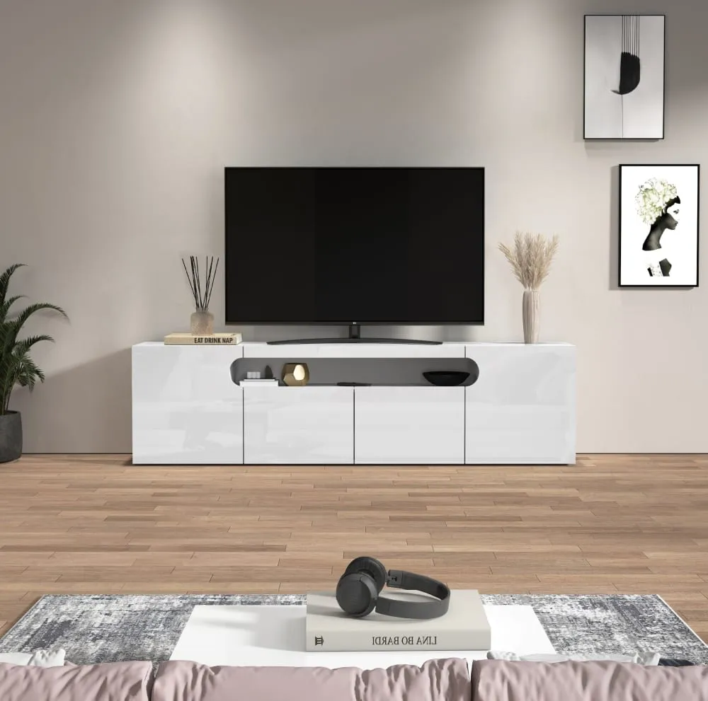 Illustration numéro 2 du produit Meuble tv 4 portes 1 niche 200 cm effet bois blanc brillant