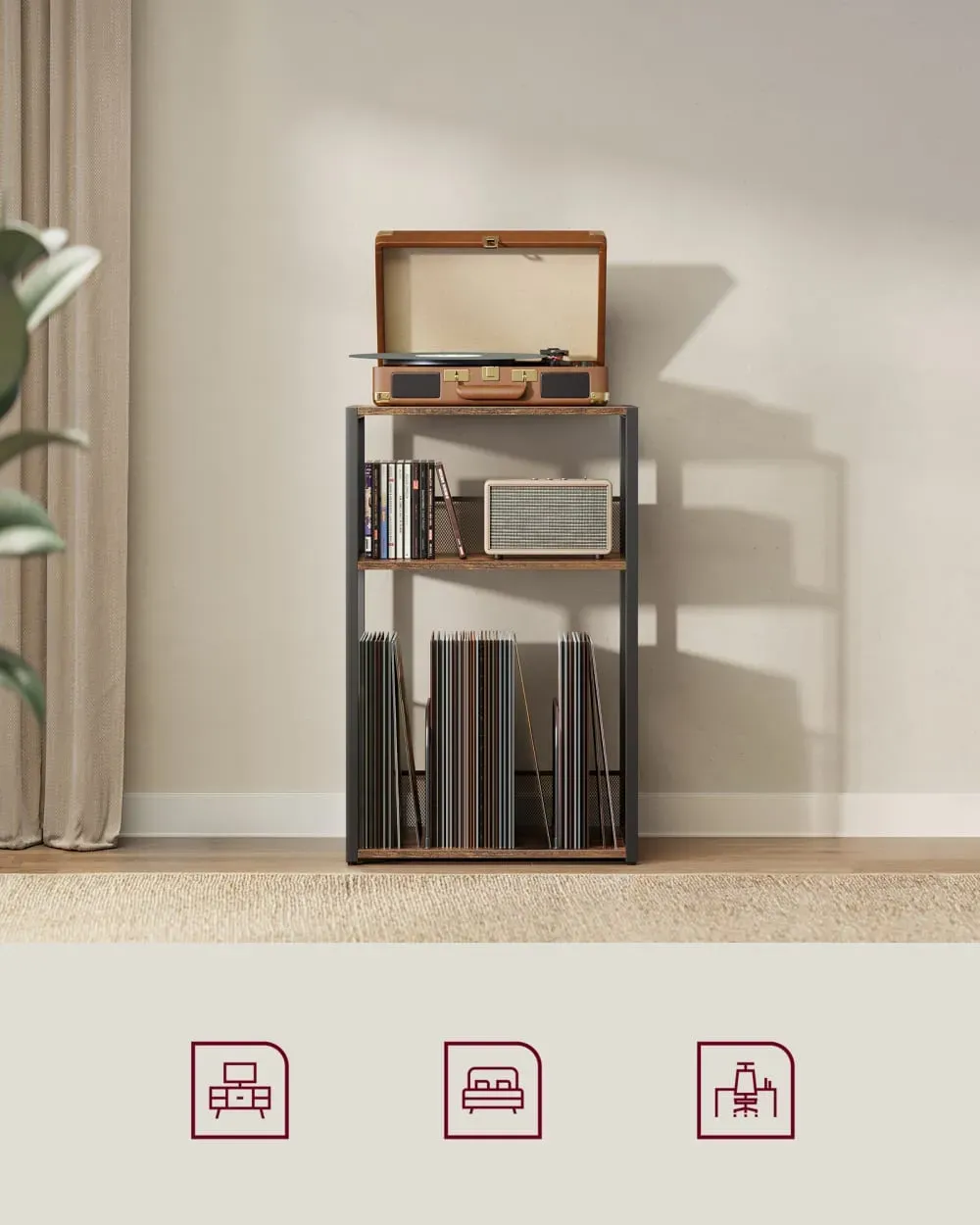 Illustration numéro 2 du produit Meuble pour tourne-disque rangement vinyle jusqu'à 100 albums marron