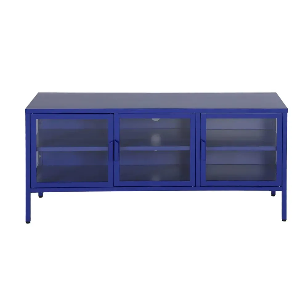 Illustration numéro 2 du produit Meuble tv industriel métal et verre trempé 3 portes 120cm bleu