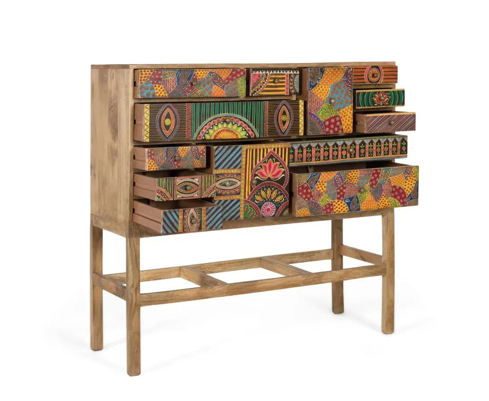 Illustration numéro 2 du produit Console en bois de manguier massif avec détails peints à la main