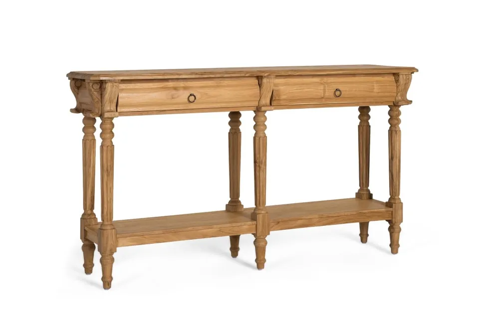 Illustration numéro 2 du produit Console en bois de teck massif avec poignées en métal