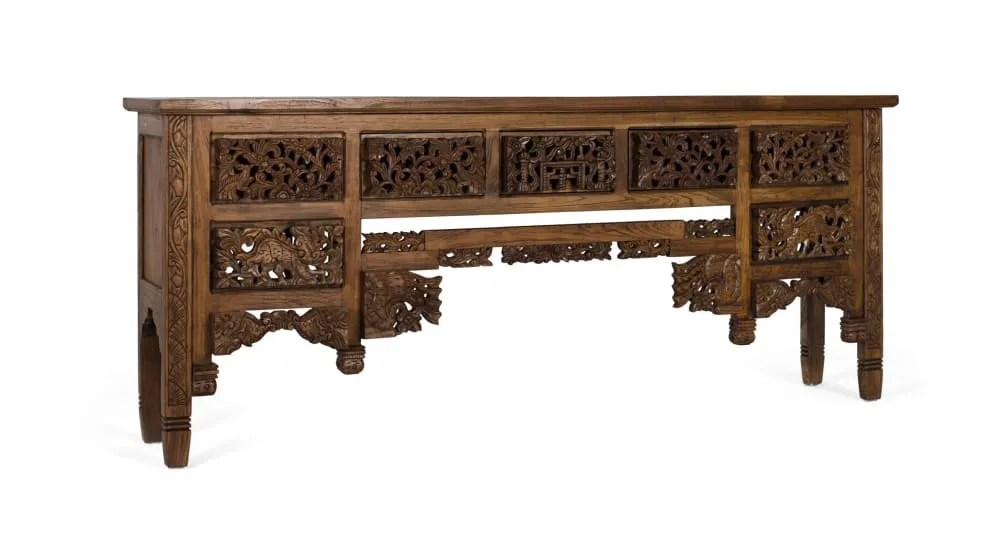 Illustration numéro 2 du produit Console en bois de teck avec 5 tiroirs et pieds sculptés à la main