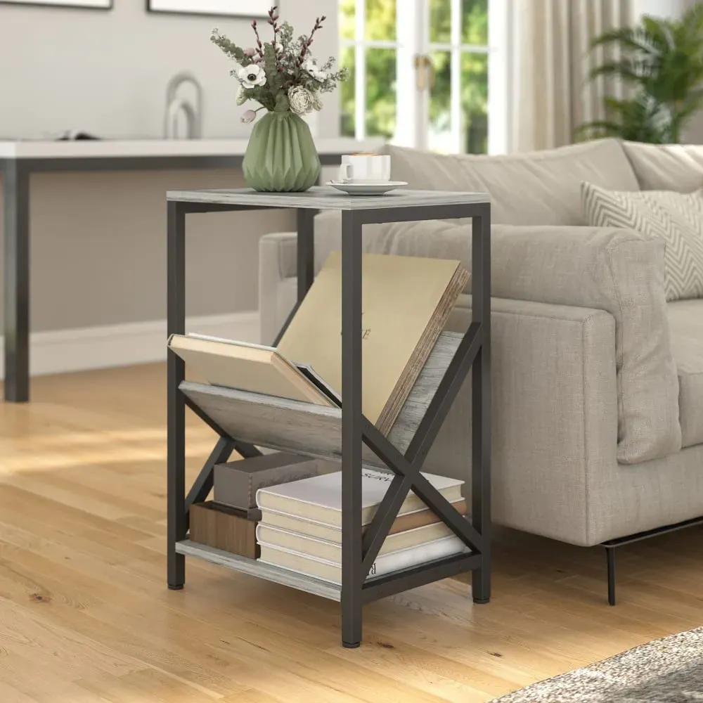 Illustration numéro 2 du produit Table d'appoint 3 niveaux porte-revues en V cadre en acier gris