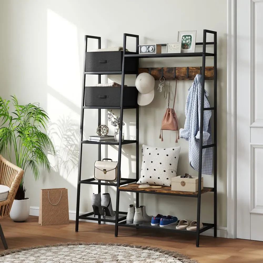 Illustration numéro 2 du produit Porte-manteau vestiaire banc à chaussures acier gris brun rustique