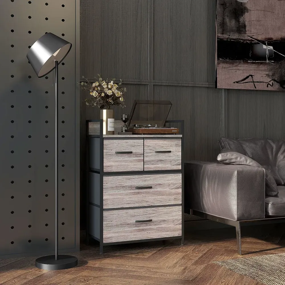 Illustration numéro 2 du produit Commode 4 tiroirs métal effet bois gris