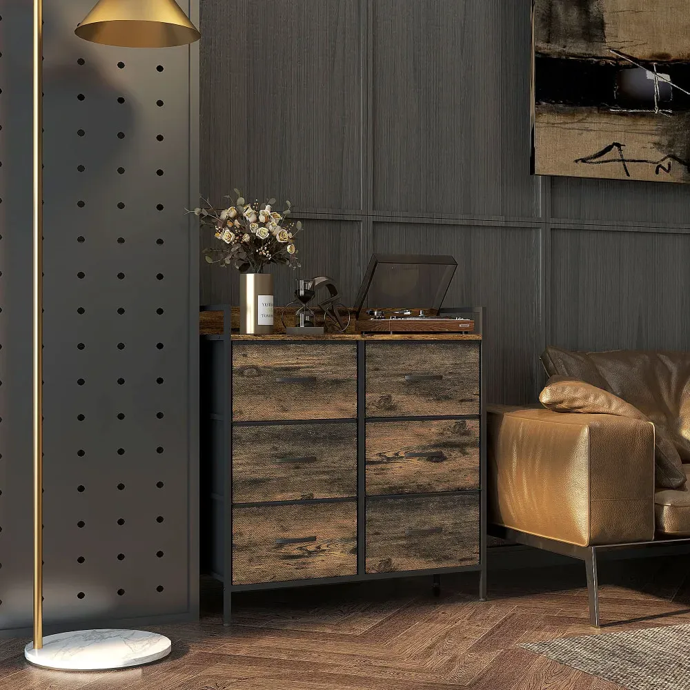 Illustration numéro 2 du produit Commode 6 tiroirs en tissu non tissé cadre acier effet bois d'acajou