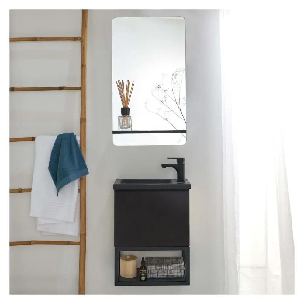 Illustration numéro 2 du produit Ensemble lave-mains  métal et bois avec robinet et miroir