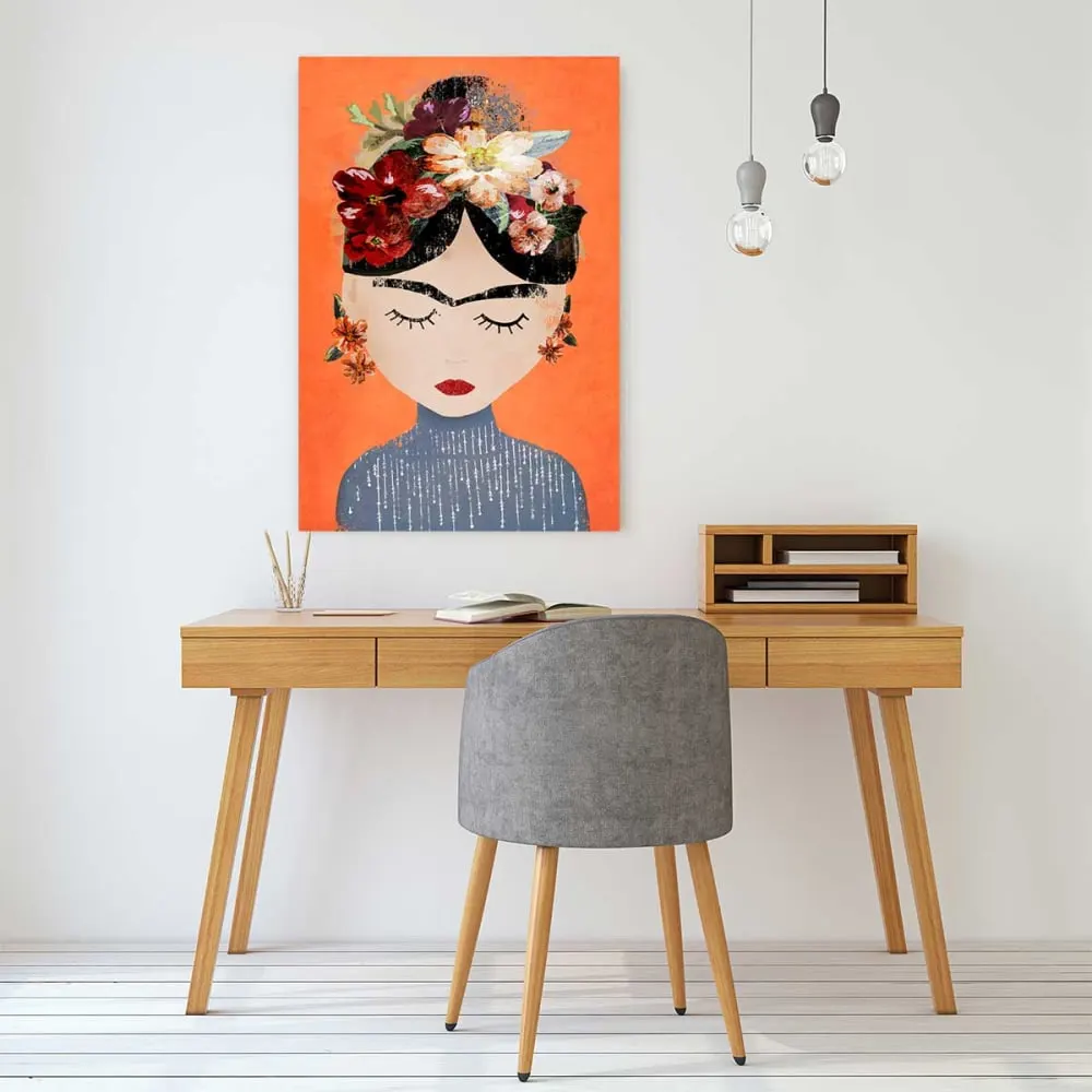 Illustration numéro 2 du produit Tableau art frida orange  imprimé sur toile 60x90 cm