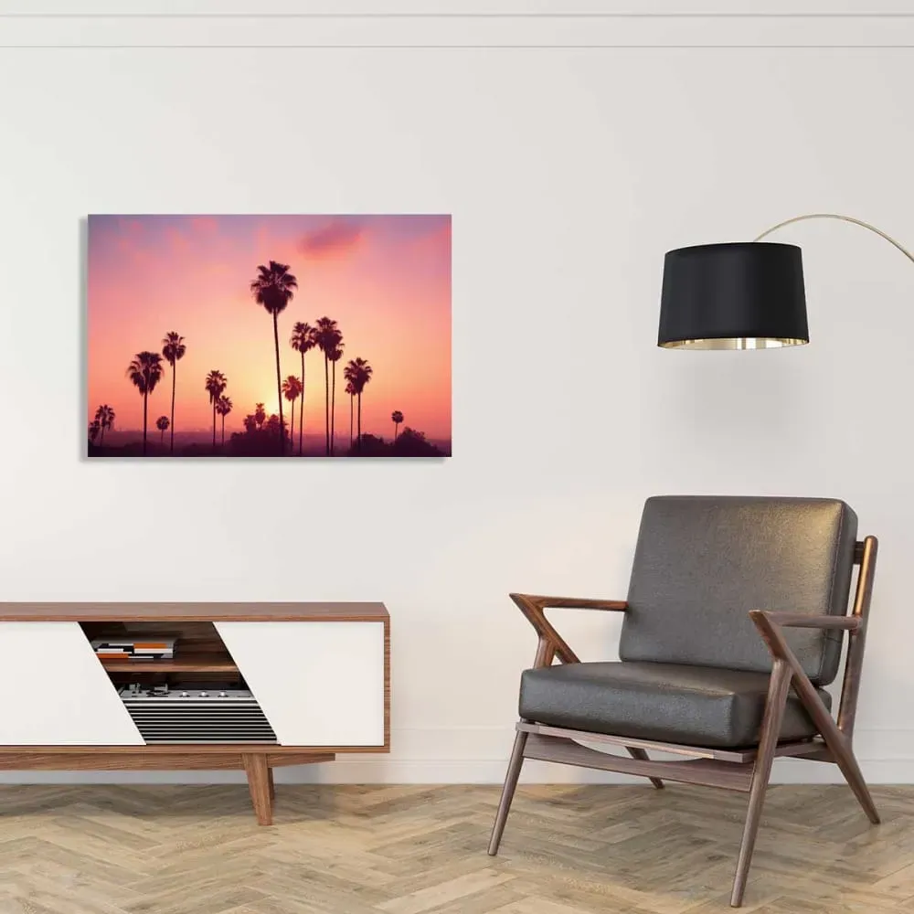 Illustration numéro 2 du produit Tableau palmier rose ciel imprimé sur toile 90x60 cm