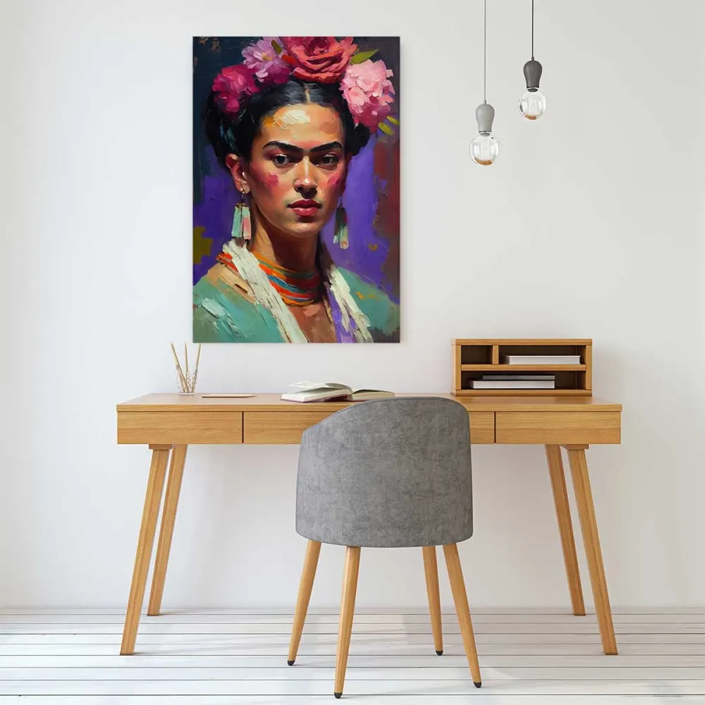 Illustration numéro 2 du produit Tableau de fleurs portrait de frida  imprimé sur toile 60x90 cm