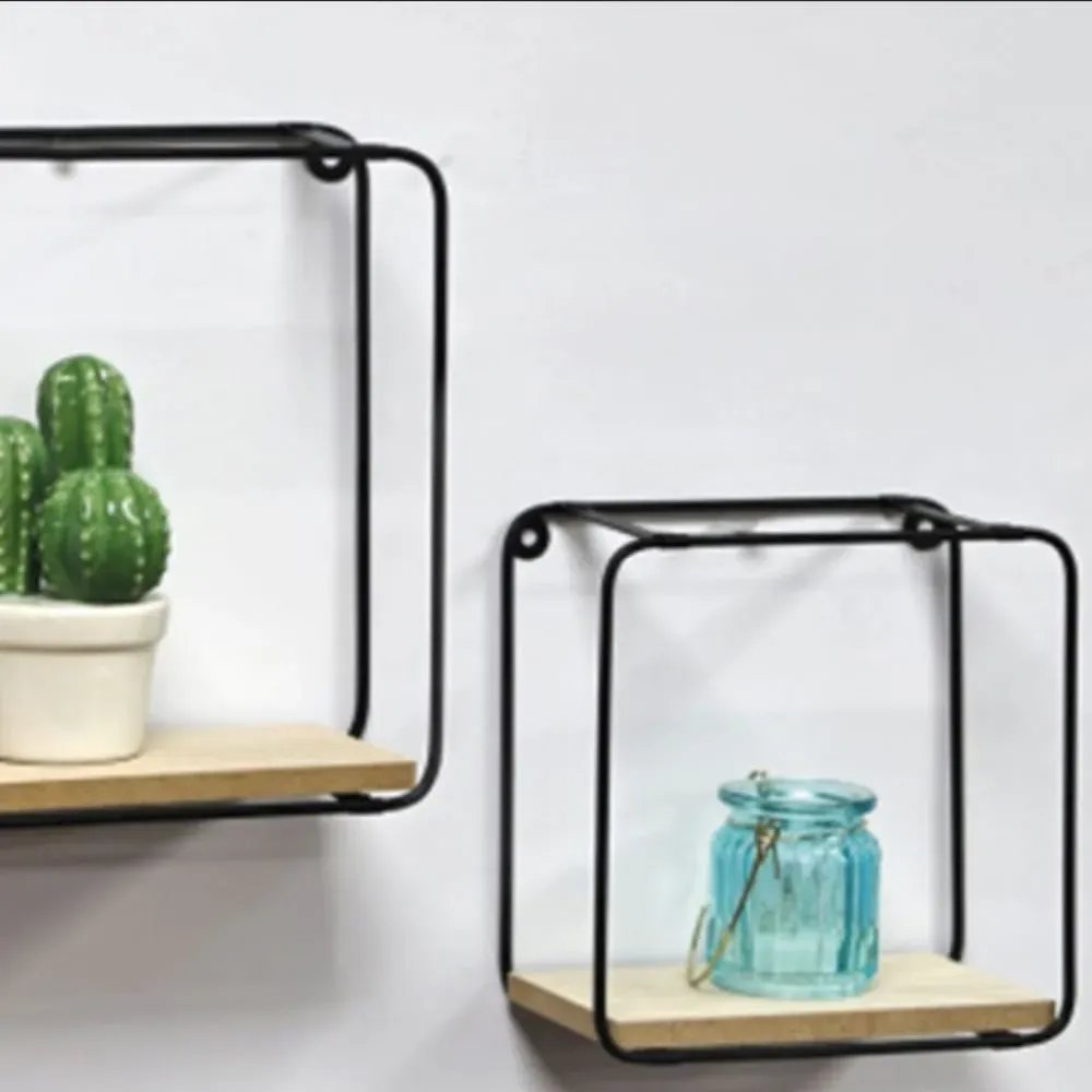 Illustration numéro 2 du produit Set de 2 étagères murales en métal noir et bois 21x10x21cm