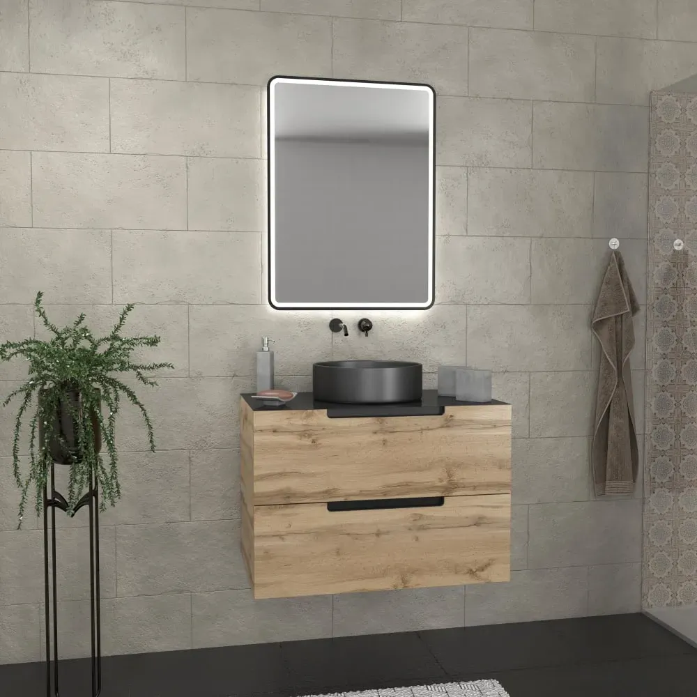 Illustration numéro 2 du produit Meuble de salle de bains effet bois marron avec miroir