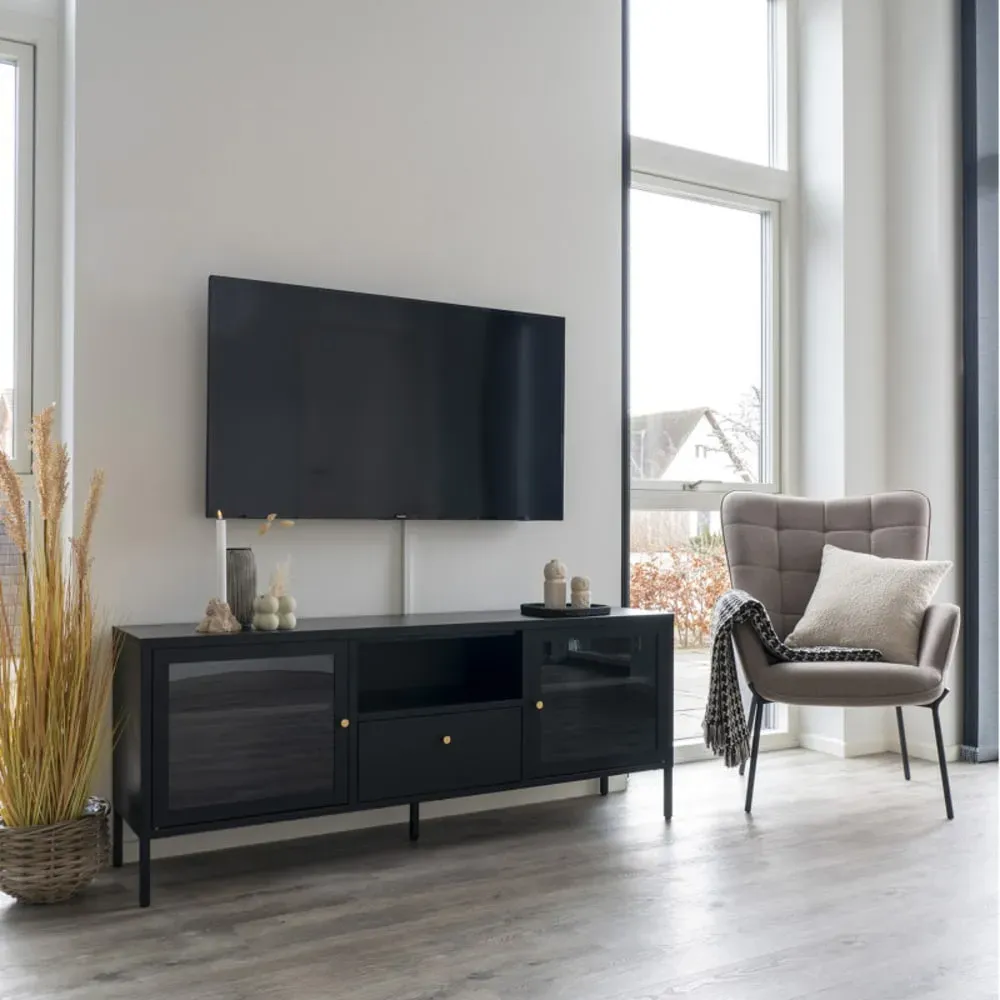 Illustration numéro 2 du produit Banc TV 2 portes vitrées, 1 tiroir en métal noir 150x60 cm