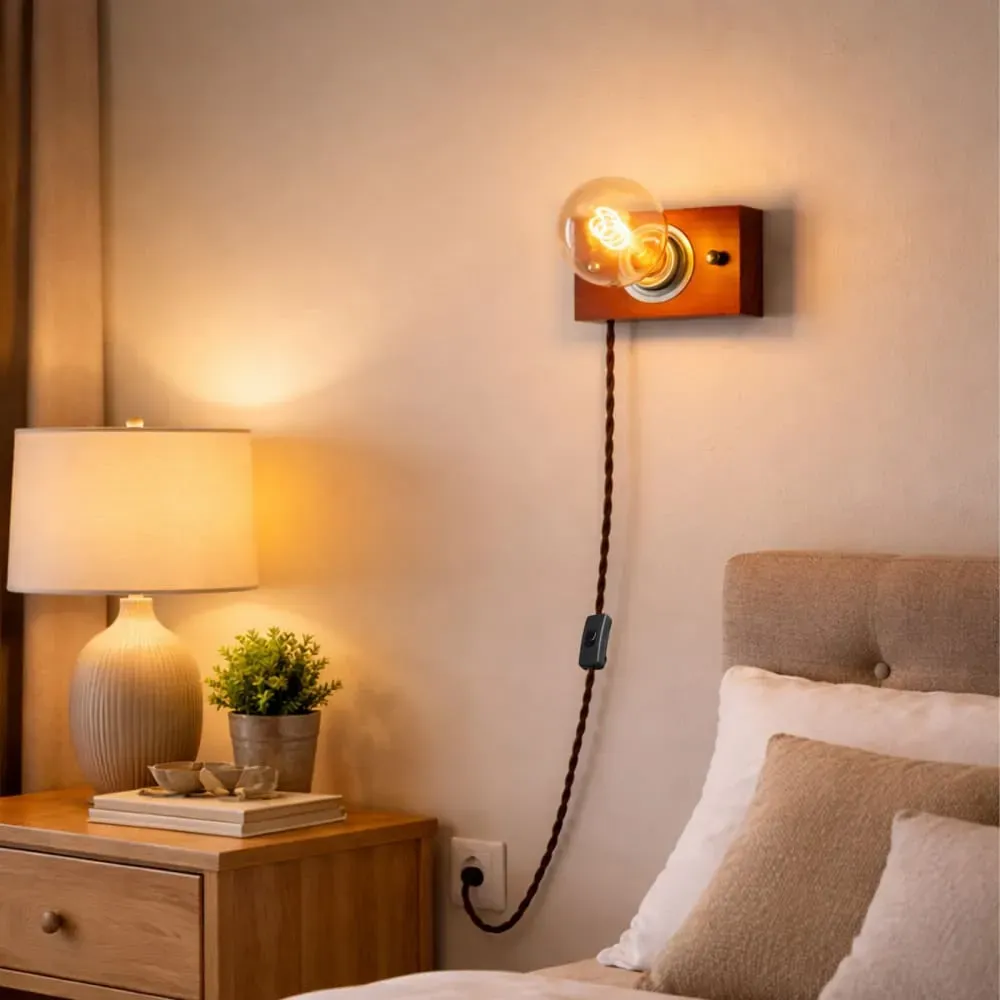 Illustration numéro 2 du produit Applique Murale Rétro en Bois avec Câble et Prise E27 13×8 cm