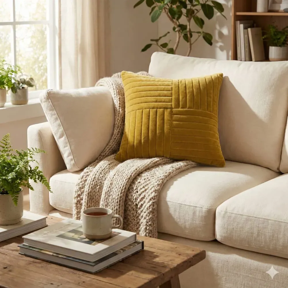 Illustration numéro 2 du produit Coussin en coton velours jaune moutarde OEKO-TEX® 45 x 45