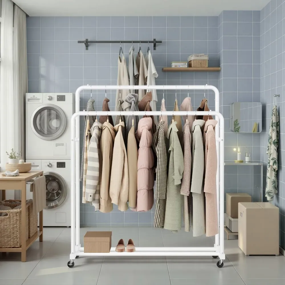 Illustration numéro 2 du produit Portemanteau sur roulettes portant à vêtements robuste chambre blanc