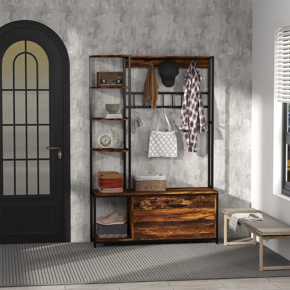 Illustration numéro 2 du produit Porte-manteau étagère à chaussures 4 en 1 industriel métal marron