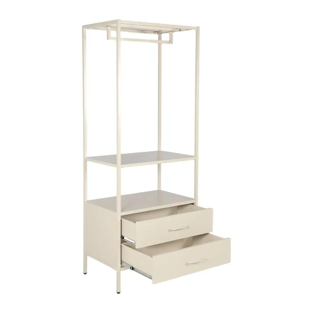 Illustration numéro 2 du produit Meuble d'entrée, porte manteau métal crème avec penderie et 2 tiroirs