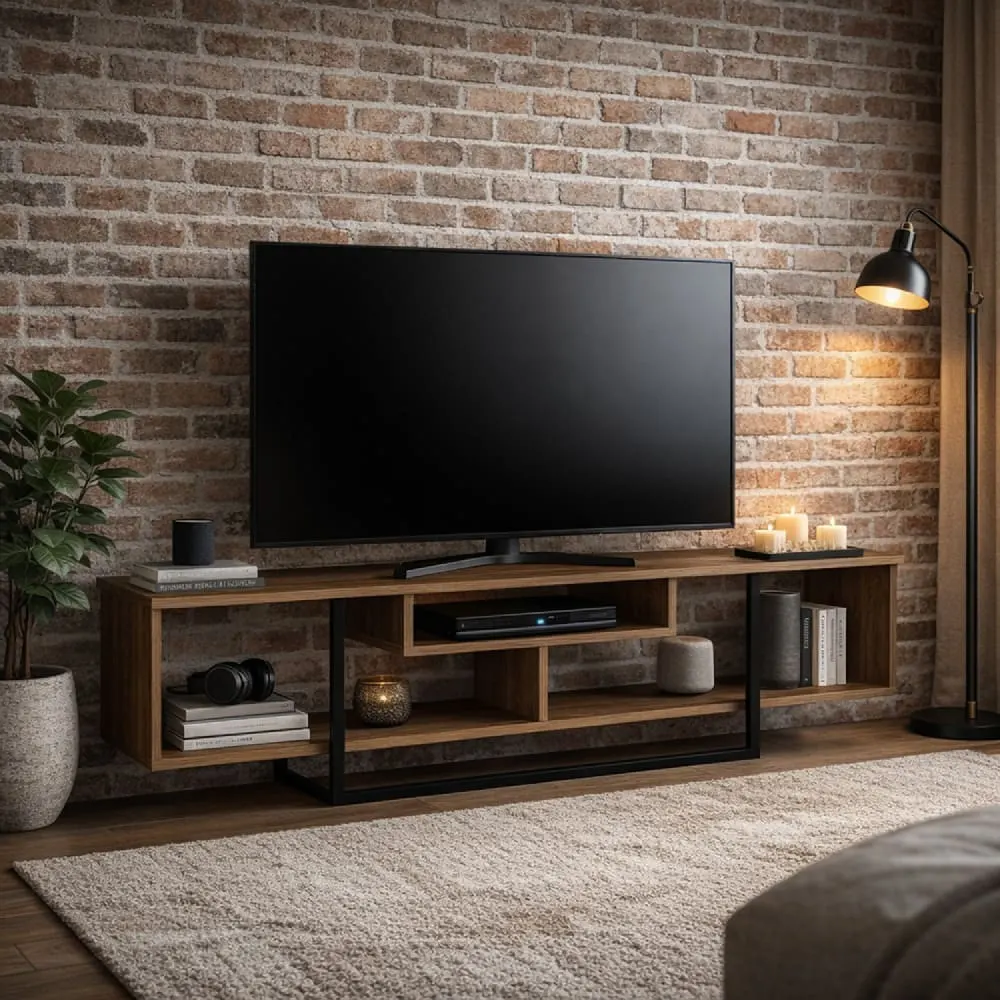 Illustration numéro 2 du produit Meuble tv design industriel noyer et noir avec rangements - 149 cm