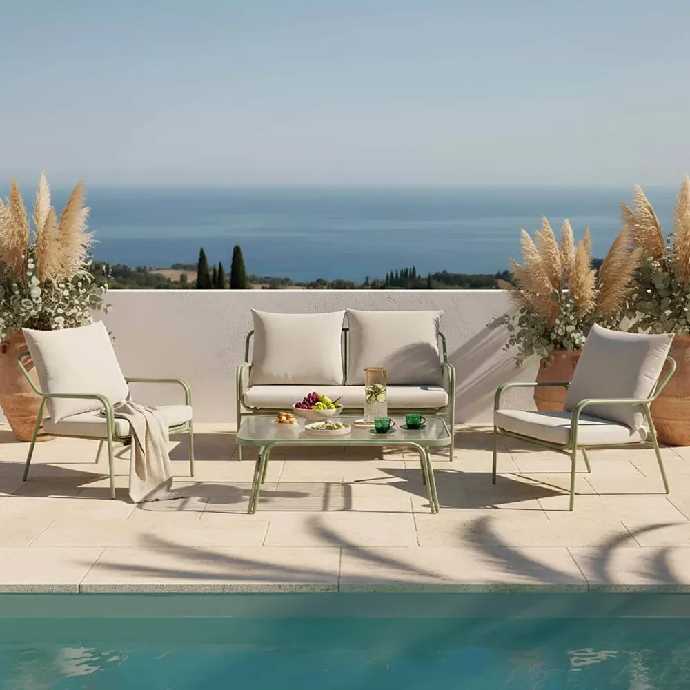 Illustration numéro 2 du produit Salon de jardin en métal et verre trempé 4 places vert