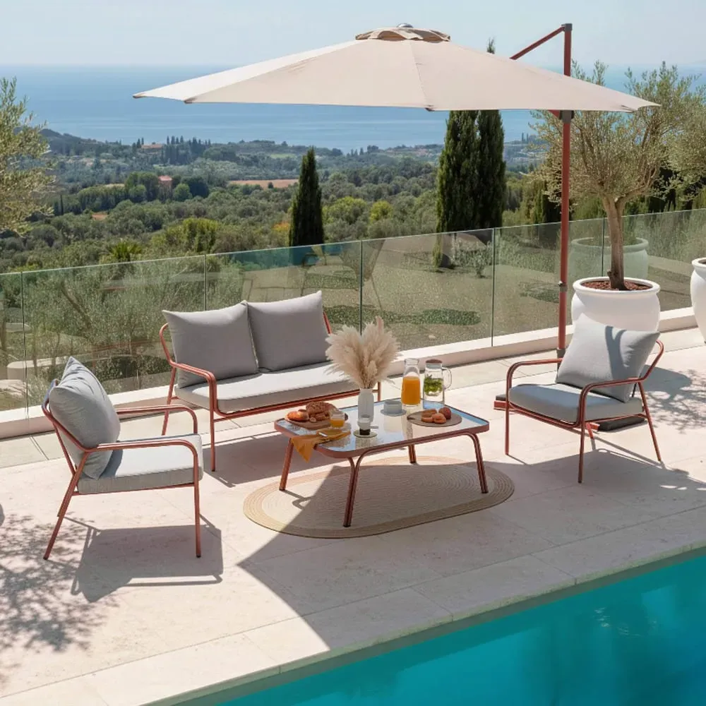 Illustration numéro 2 du produit Salon de jardin en métal et verre trempé 4 places marron