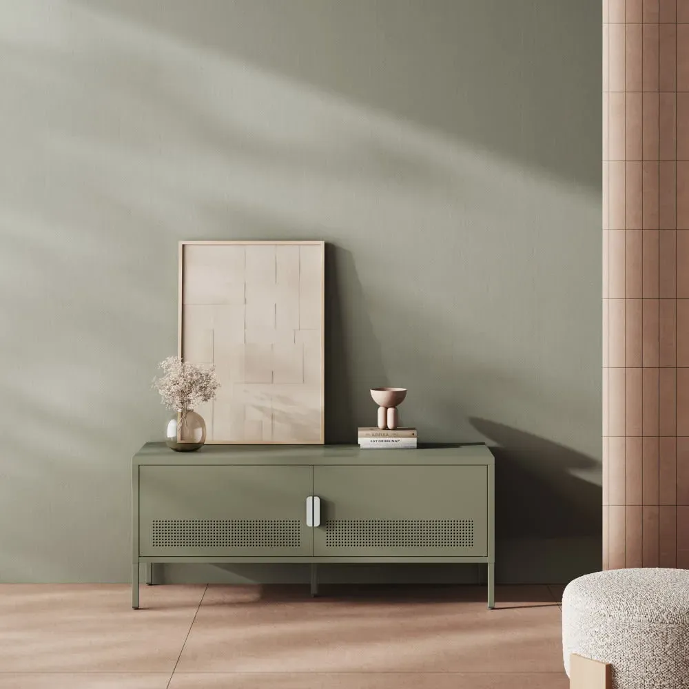 Illustration numéro 2 du produit Meuble TV 2 portes en métal L120cm - Vert