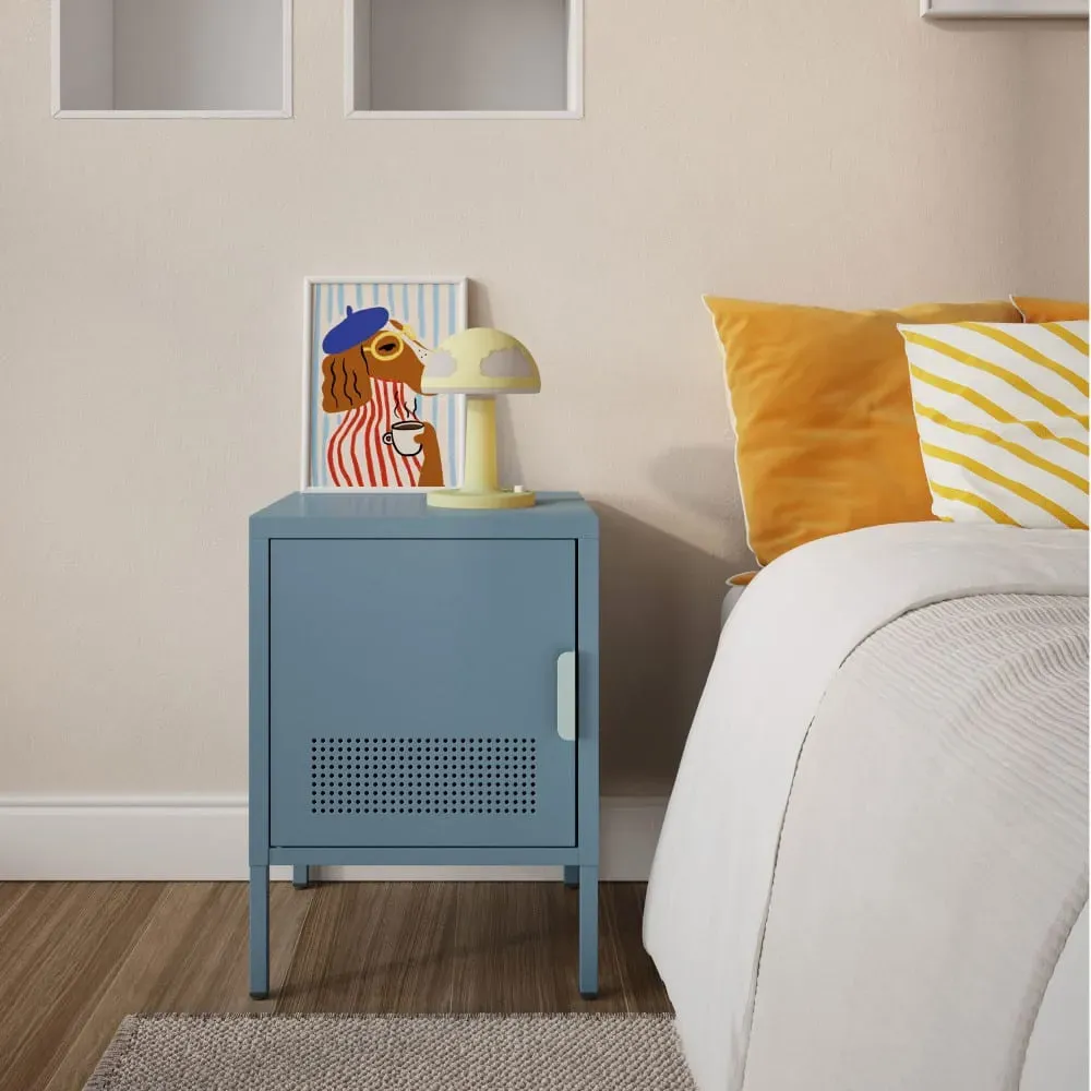 Illustration numéro 2 du produit Table de chevet 1 porte en métal L40cm - Bleu glacier