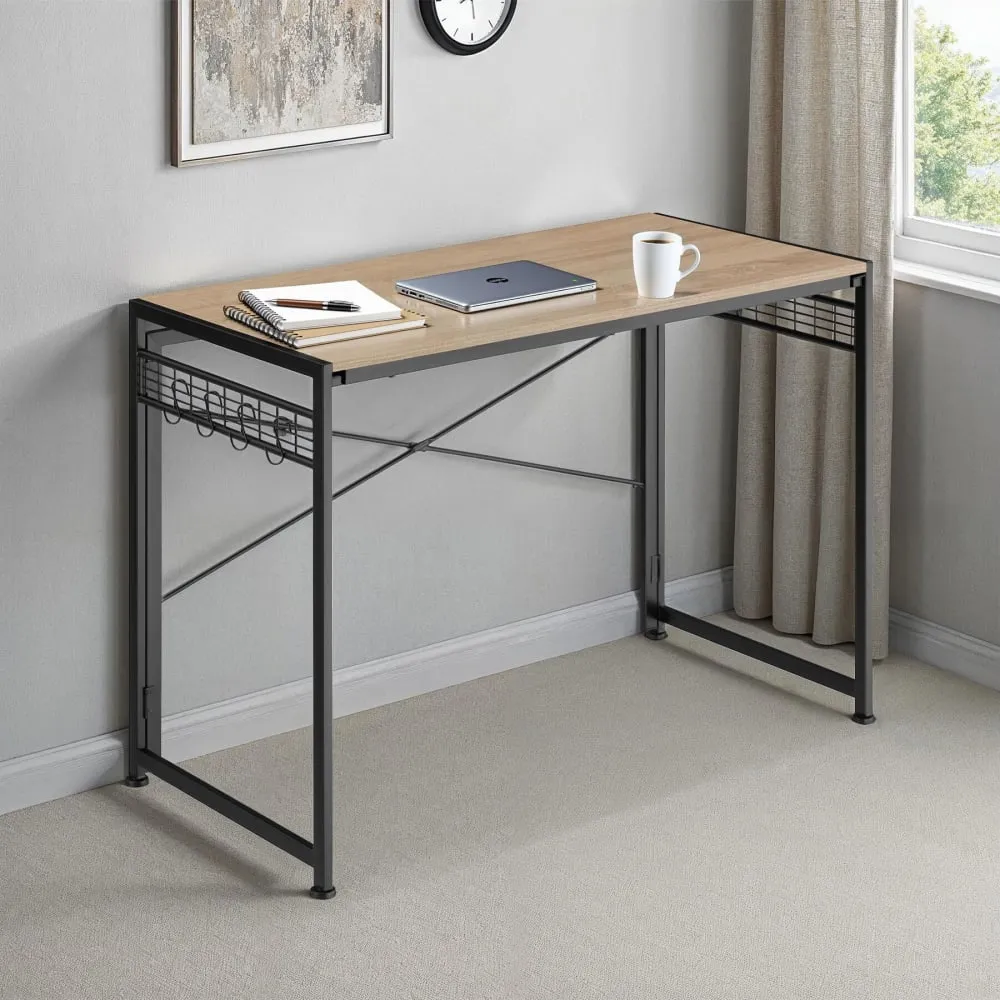 Illustration numéro 2 du produit Bureau style industriel pliable grilles et 8 crochets bois clair