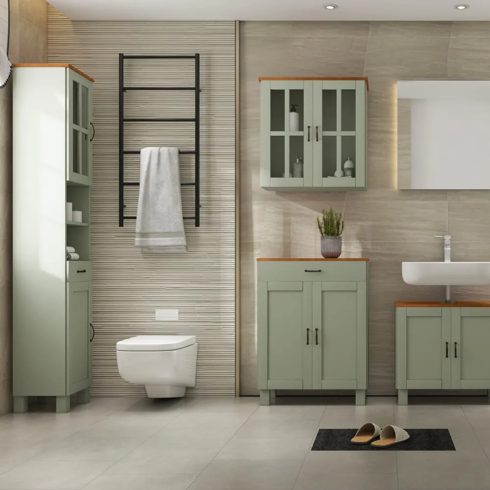 Illustration numéro 2 du produit Meuble de salle de bain avec 2 portes et 1 tiroir en pin vert